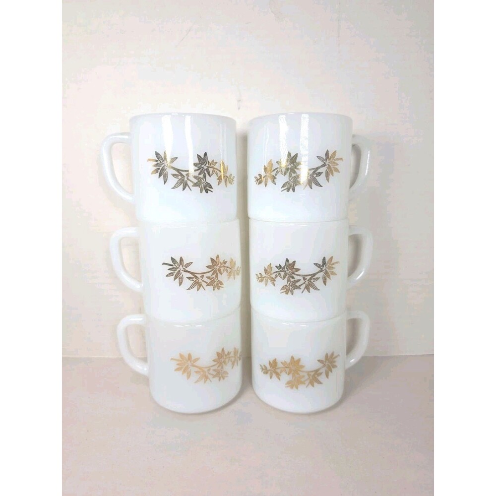 Set Of 6 Vintage Federal Glass Milk Glass Golden Glory Coffee Cups